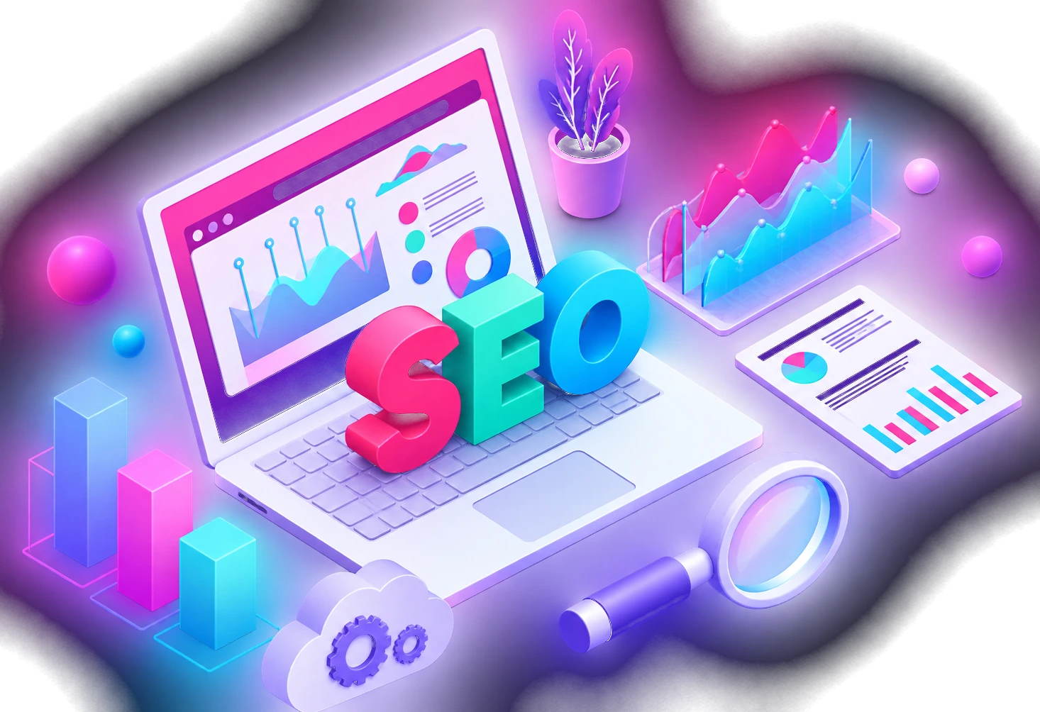 Ordenador con panel de análisis SEO, gráficos y lupa